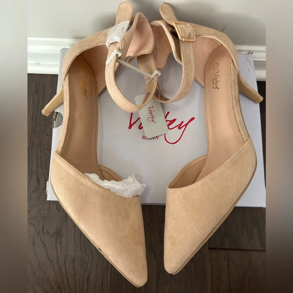 Vostey Milan Heels Tan/Nude Suede Ankle Strap Shoes size 11 NWT - Picture 4 of 10